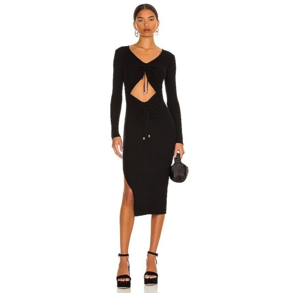 More To Come Ribbed Knit Cut-Out Midi Bodycon Dress Womens Medium Black Stretch